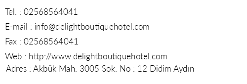 Delight Boutique Hotel telefon numaralar, faks, e-mail, posta adresi ve iletiim bilgileri